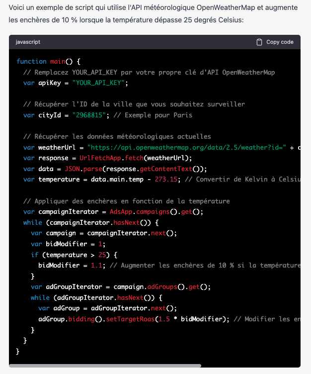 script Google Ads créé par ChatGPT